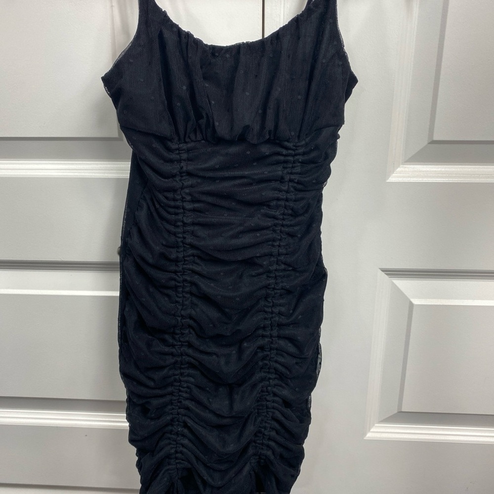 Y2K Baddie mesh sheer ruched mini dress XS Extra Small Black Romantic Grunge